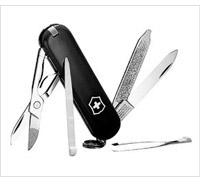 Product display of swiss army pocket knife review.